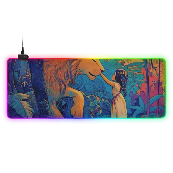 Lion and Girl RGB Gaming Mouse Pad Large Keyboard Mat Rubber Base 13 Light Modes