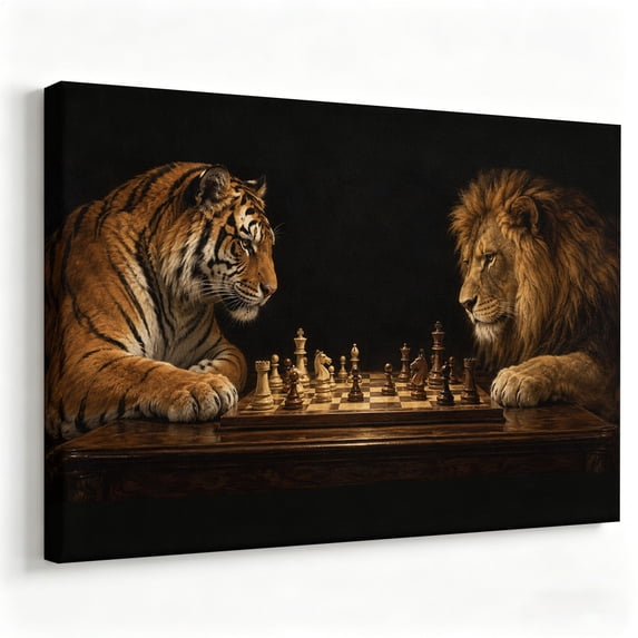 Lion and Tiger Playing Chess Wall Art, Dramatic Big Cat Strategy Scene ...