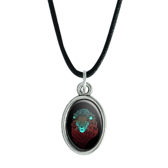 Lion in the Dark Antiqued Oval Charm Pendant with Black Satin Cord