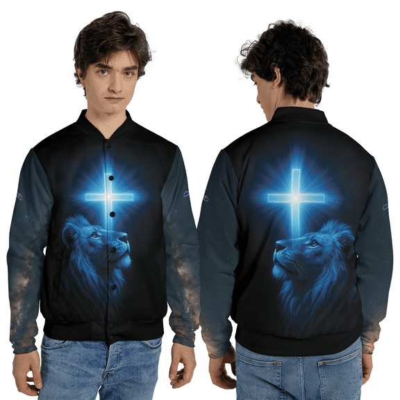 Lion of Faith Christian Outerwear Jacket, Lion Looking to the Cross Baseball Jacket, Jesus Cross Religious Jacket