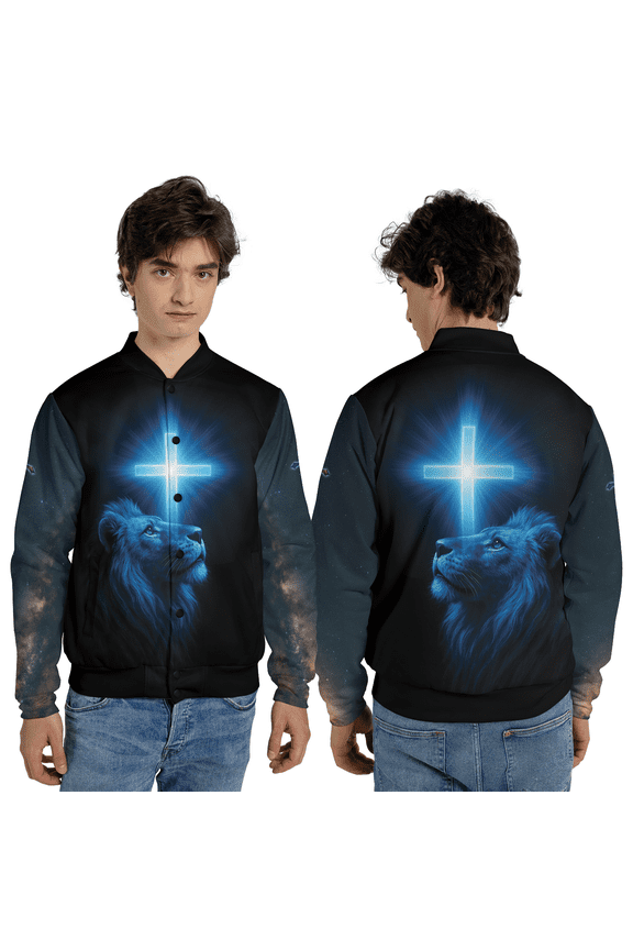Lion of Faith Christian Outerwear Jacket, Lion Looking to the Cross Baseball Jacket, Jesus Cross Religious Jacket