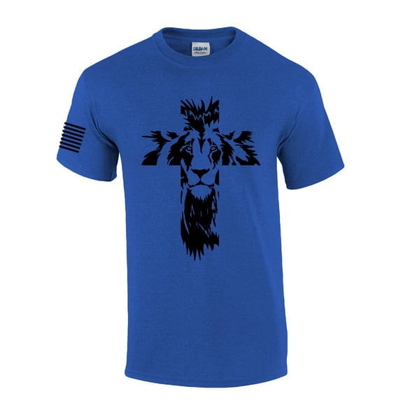 Lion of Judah Cross Mens Christian Short Sleeve T-Shirt Graphic Tee-Heather Royal-large