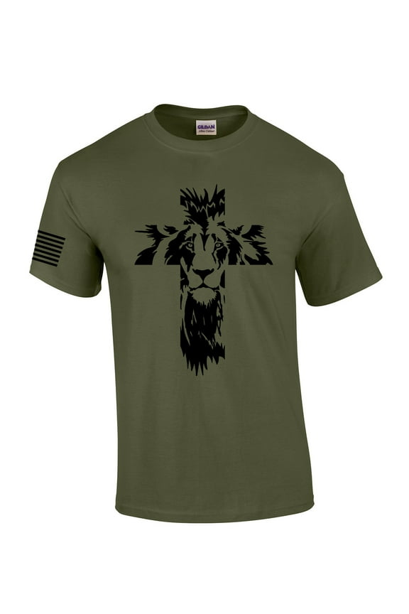 Lion of Judah Cross Mens Christian Short Sleeve T-Shirt Graphic Tee-Military Green-large