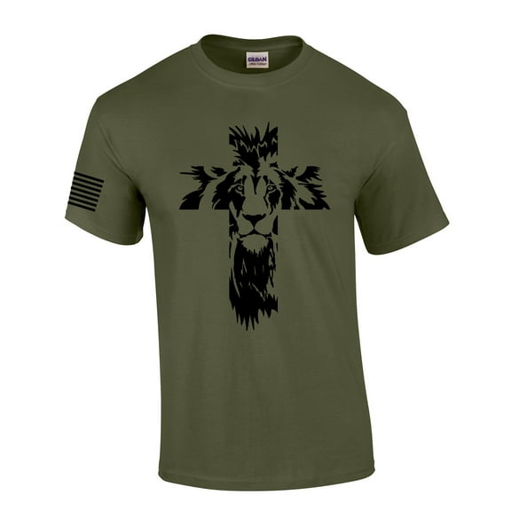Lion of Judah Cross Mens Christian Short Sleeve T-Shirt Graphic Tee-Military Green-small