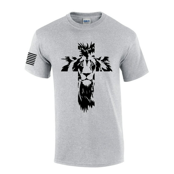 Lion of Judah Cross Mens Christian Short Sleeve T-Shirt Graphic Tee-Sports Grey-large