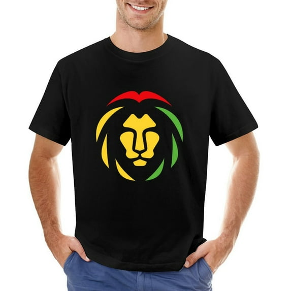 Lion of Judah. Reggae Music Vector Men’s T-Shirt 100% Cotton Casual Short Sleeve Tops Gift Tee Black 5XL