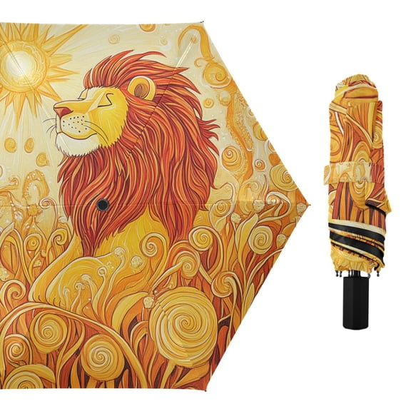 Lion on Golden Field Compact Sun Umbrella Windproof Travel Umbrellas for Rain Strong Portable UV Protection