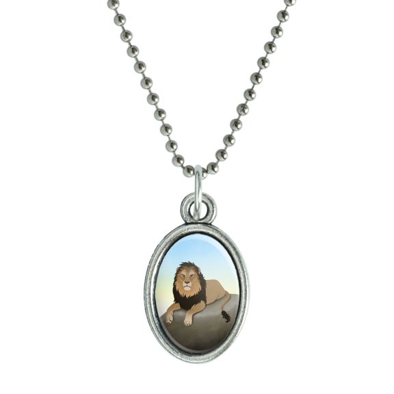 Lion on a Rock Antiqued Oval Charm Pendant with Chain