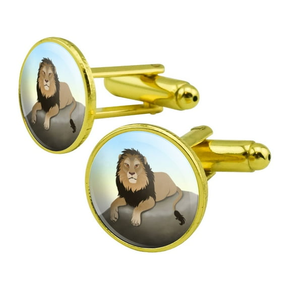 Lion on a Rock Round Cufflink Set Gold Color