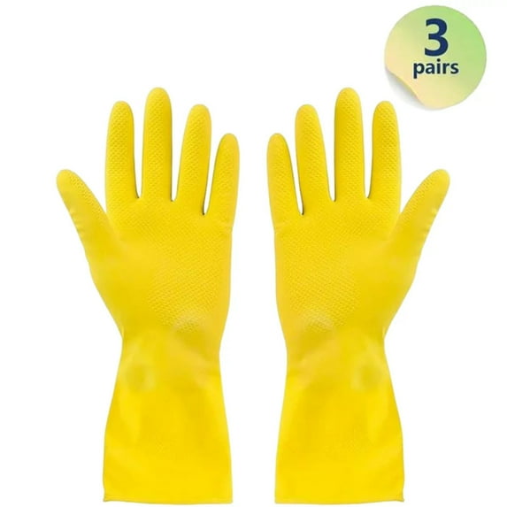 Lion's Dream Dish Wash Kitchen Gloves, 3 Pairs Yellow Reuseable Waterproof Cleaning Rubber Gloves for Household, Large