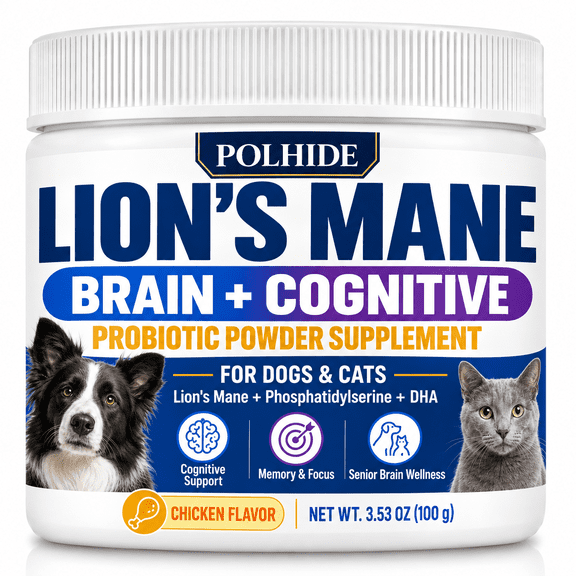 Lions Mane Brain & Cognitive Probiotic Powder Supplement for Dogs & Cats, with Phosphatidylserine & DHA, Cognitive Support for Memory, Focus & Senior Brain Wellness, Chicken Flavor, 3.53 oz (100 g)