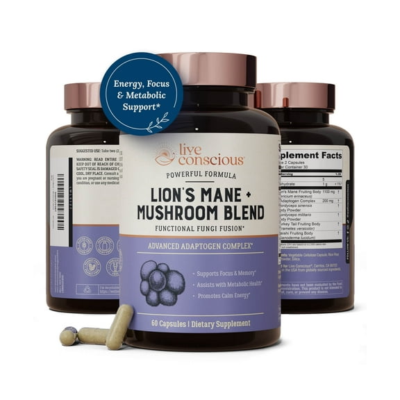 Lions Mane + Mushroom Blend with Cordyceps, Turkey Tail, and Reishi - for cognitive health and gut health | by Live Conscious - 30 servings