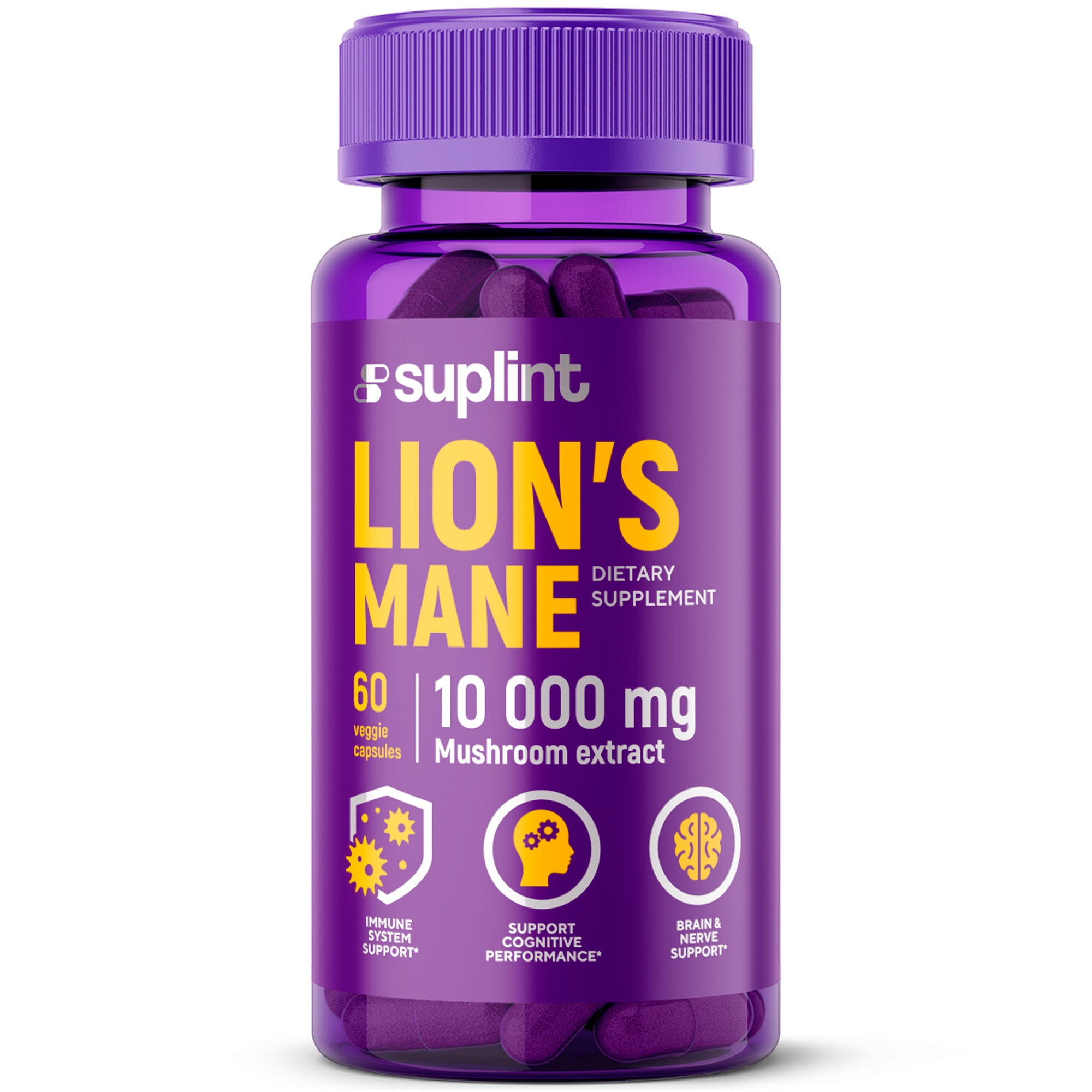 Lions Mane Mushroom Supplement 10,000 mg | Dietary Supplements for Memory, Focus & Clarity | Daily Immune System Support Complex for Women & Men | Non-GMO, Gluten-Free, Vegan | 60 Capsules