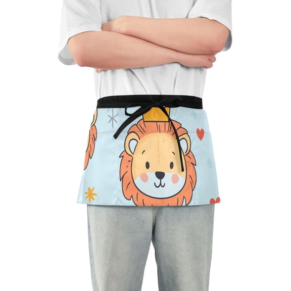 Lion with Crown Hearts Stars Short Server Apron with 3 Pockets for Unisex Chef Gardening