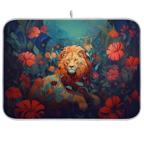 Lion with Flowers Leaves Dish Drying Mat Dish Drainer Rack Mats Water Absorbent Non-Slip Easy Clean Heat Resistant for Kitchen Counter