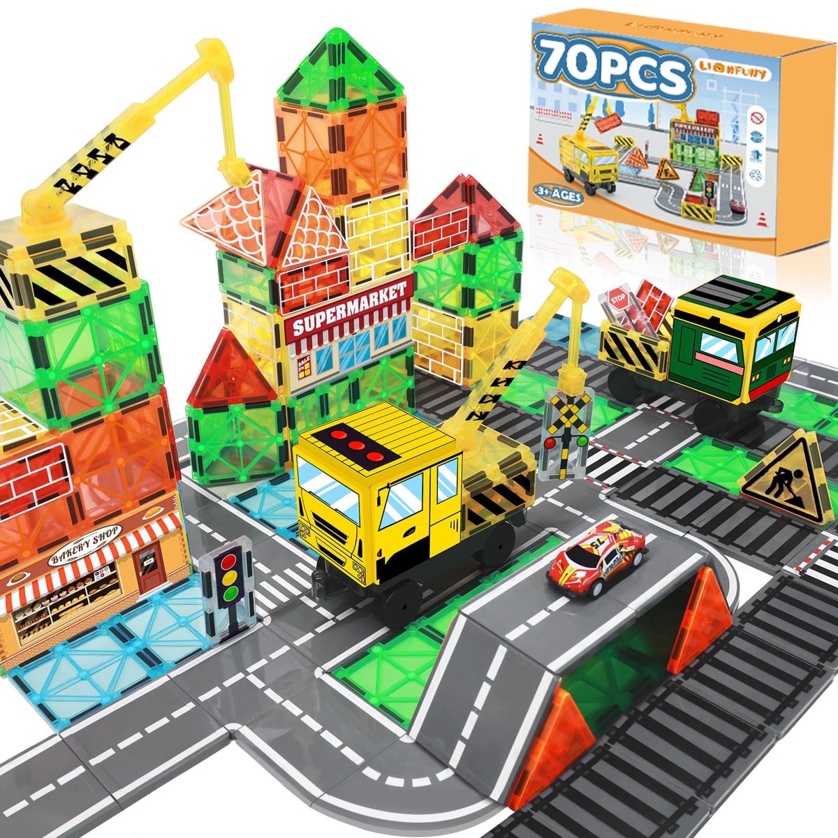 LionFuny 70Pcs Magnetic Tiles Magnetic Building Blocks, Building Toys for Kids Ages 3-5 4-8 8-12 Toddlers STEM Preschool Toy Boys Toys, City Construction Toys Set with 2 Cranes Train Tracks Road Car