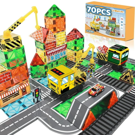 LionFuny 70Pcs Magnetic Tiles Magnetic Building Blocks, Building Toys for Kids Ages 3-5 4-8 8-12 Toddlers STEM Preschool Toy Boys Toys, City Construction Toys Set with 2 Cranes Train Tracks Road Car