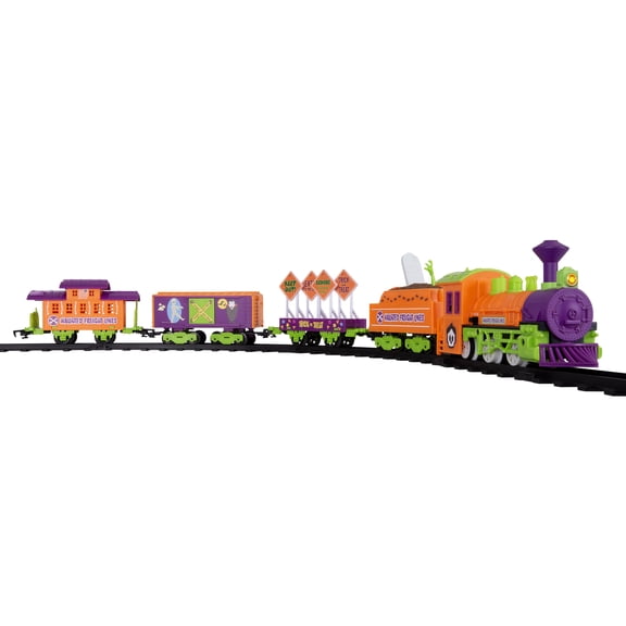 Lionel Halloween Mini Ready-to-Play Train Set, Haunted Freight Lines Battery Powered Train with Engine & Tender, Spooky Sounds, Lighted Headlight, Gondola, Boxcar & Caboose, 30-Piece Set for Ages 4+