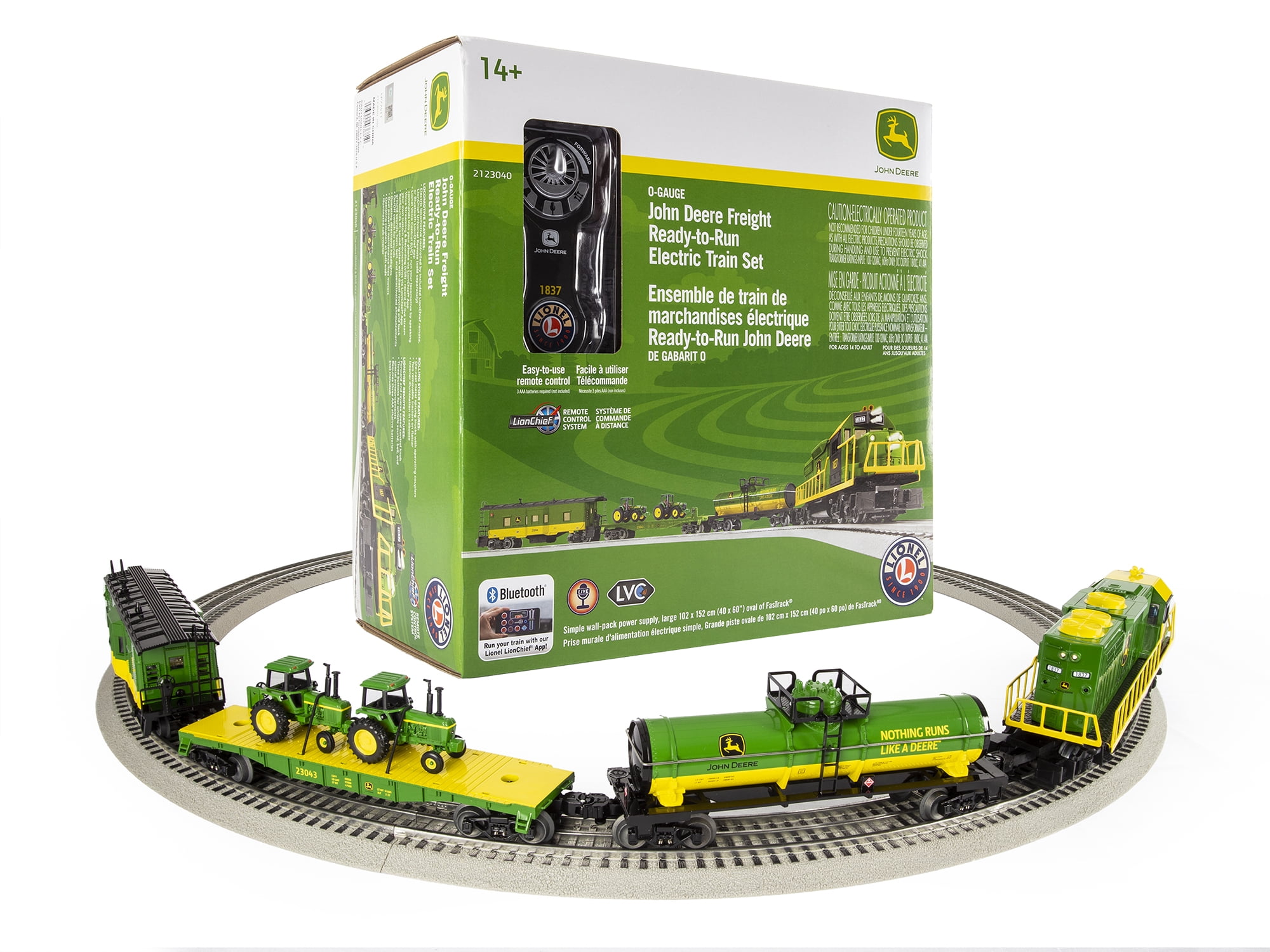 Lionel John Deere Freight Electric O Gauge Train Set with Remote and Bluetooth 5.0 Capability