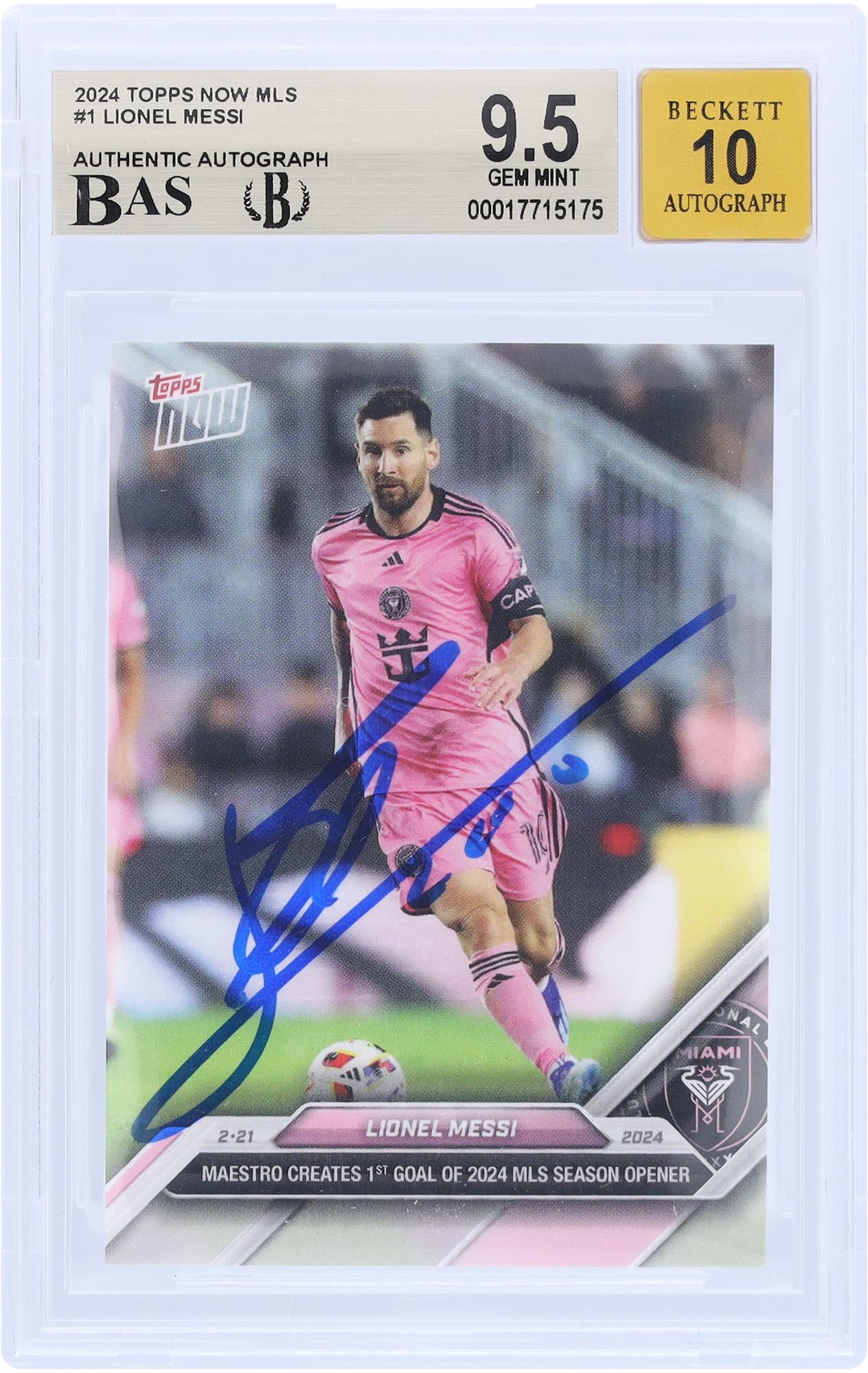 Lionel Messi Inter Miami CF Autographed 2024 Topps Now MLS Maestro Creates 1st Goal of 2024 MLS Season Opener #1 BAS Authenticated 9.5/10 Card - Fanatics Authentic Certified