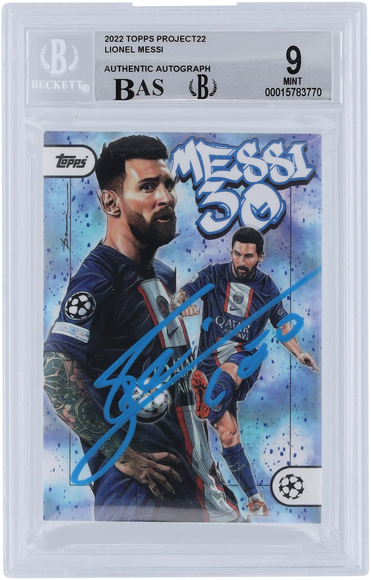 Lionel Messi Paris Saint-Germain (PSG) Autographed 2022 Topps Project22 Dai Tamura Week 24 #DT BAS Authenticated 9/10 Card - 9.5,8.5,9.5,9 Subgrades - Fanatics Authentic Certified