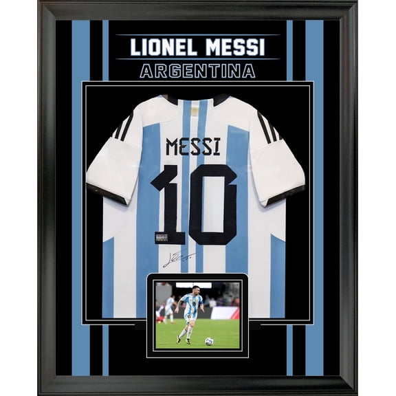 Lionel Messi Signed Framed 34x42 in Photo Glass Argentina 2022 World Cup Home Shirt 2 Star Edition Team Argentina Authentic Hand-Signed Autograph by Frameworth Sports Marketing Authentic Memorabilia