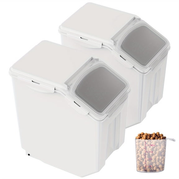 Lioneng Trading Ingredient Storage Bin Set, 2 x 3.96gal with Measuring Cups, Casters & Airtight Lid, for Pet Food or Kitchen, 2pcs, PP Material