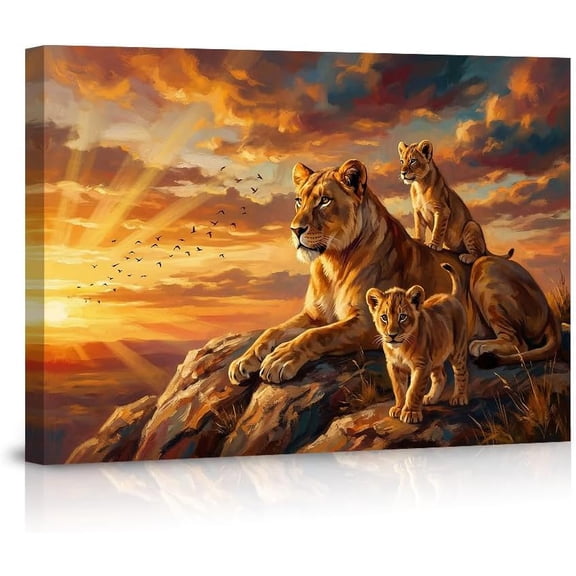 Lioness & Cubs African Sunset Canvas Wall Art Majestic Lion Family Wildlife Animal Print Inspirational Nature Wall Decor for Living Room Bedroom Nursery Home Decor