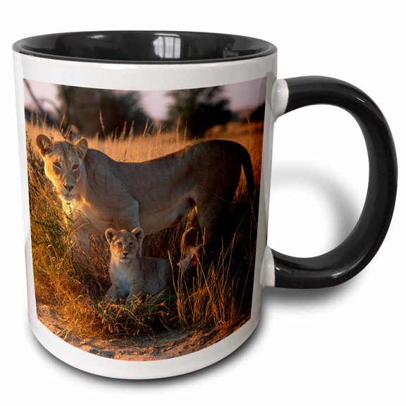 3drose, Lioness, Panthera Leo, and Cub., 15oz Two-tone Black Mug