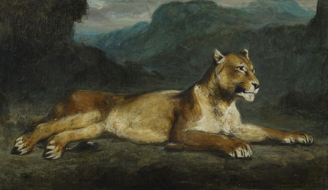 Lioness Reclining Canvas Art - Eugene Delacroix (18 x 24)