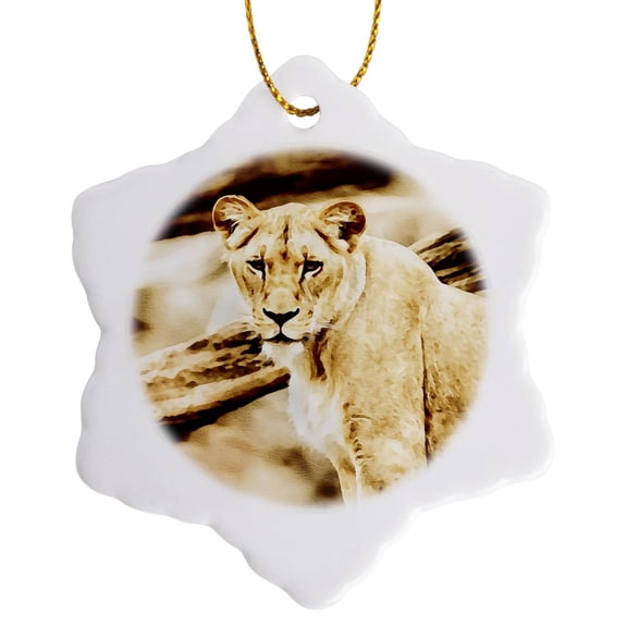 3drose, Lioness Watercolor Illustration in Soft Brown, 3 inch Snowflake Porcelain Ornament