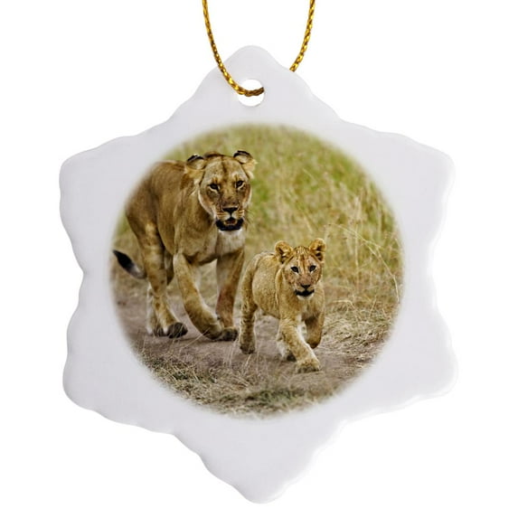3drose, Lioness with Her Cub in Tire Tracks, Masai Mara, Kenya-af21 Aje0075 - Adam Jones, 3 inch Snowflake Porcelain Ornament