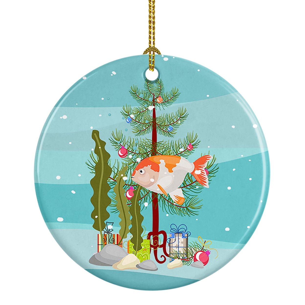 Lionhead Goldfish Merry Christmas Ceramic Ornament 2.8 in x 2.8 in