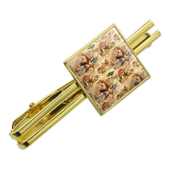 Lions African Animal Family Pride Pattern Square Tie Bar Clip Clasp Tack- Silver or Gold