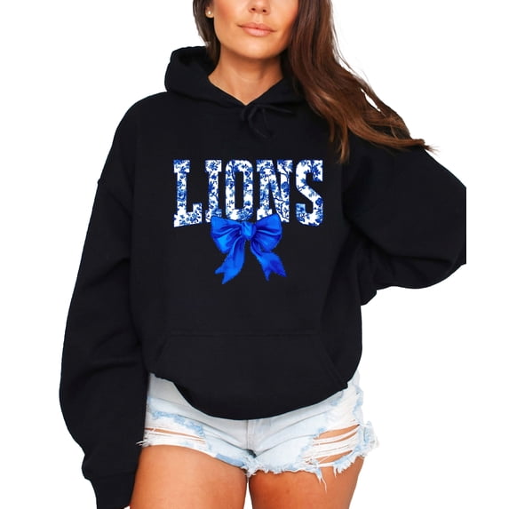 Lions Blue Floral Coquette Bow Hoodie for Women & Teens Trendy School Spirit Game Day Sweatshirt Black Hoodie Medium