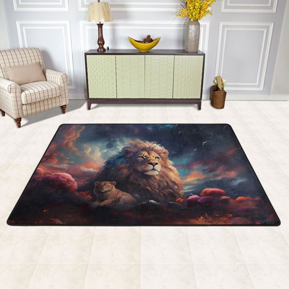 Lions Clouds Flowers Area Rug Washable 72 x 48 Floor Carpet Mat Non Slip for Bedroom Living Room Kids Room Home Decor