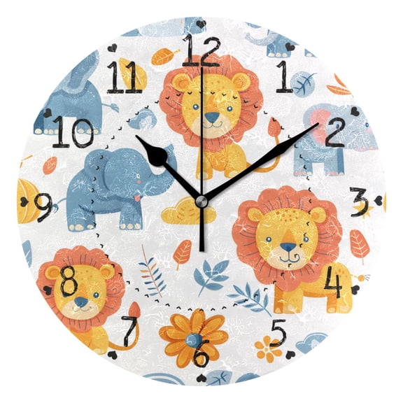 Lions Elephants Flowers and Leaves Round Wall Clock Silent Analog Battery Operated Black Pointer Home Decor 9.84" Diameter