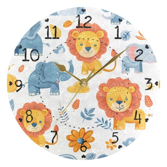 Lions Elephants Flowers and Leaves Round Wall Clock Silent Analog Battery Operated Gold Pointer Home Decor 9.84" Diameter