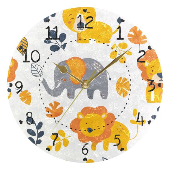 Lions Elephants Leaves Round Wall Clock Silent Analog Battery Operated Gold Pointer Home Decor 9.84" Diameter