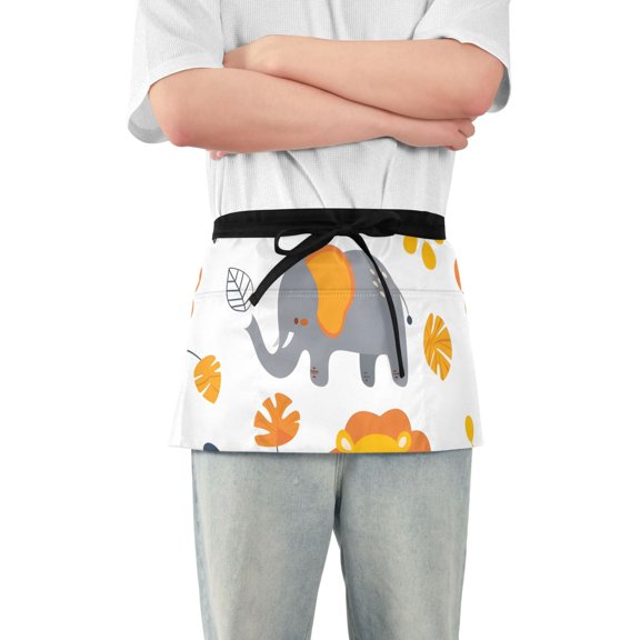 Lions Elephants Leaves Short Server Apron with 3 Pockets for Unisex Chef Gardening