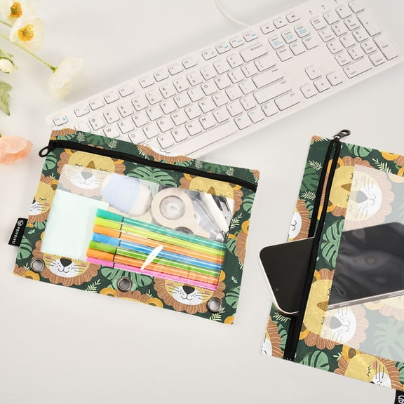 Lions Faces with Leaves 2 Pack Pencil Pouches Zipper Pencil Case 3 Ring Pencil Pouch Cosmetic Bag