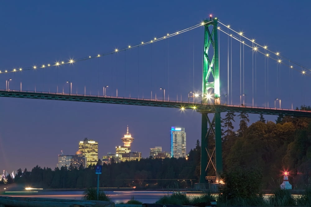 Lions Gate Bridge and downtown Vancouver from Ambleside Park West Vancouver British Columbia Canada Canvas Art - Insight Photography Design Pics (19 x 12)