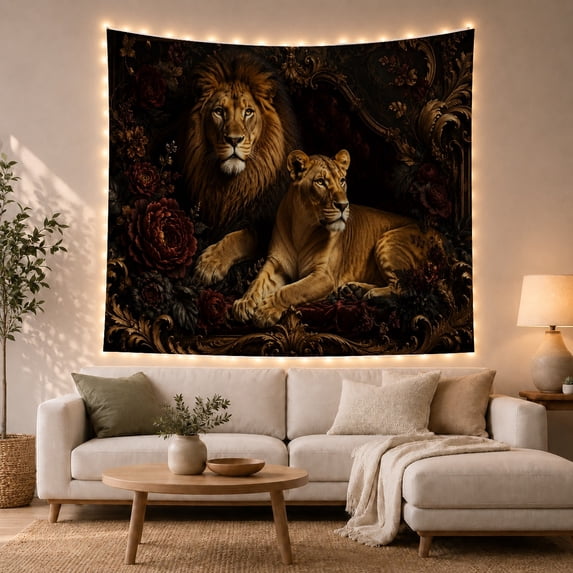 Lions with Gold Scrollwork Against a Black Background, Moody Gothic for Dark Art Lovers, Regal Wildlife Decor, Halloween Gift, Tapestry Wall Hanging for Bedroom and Den