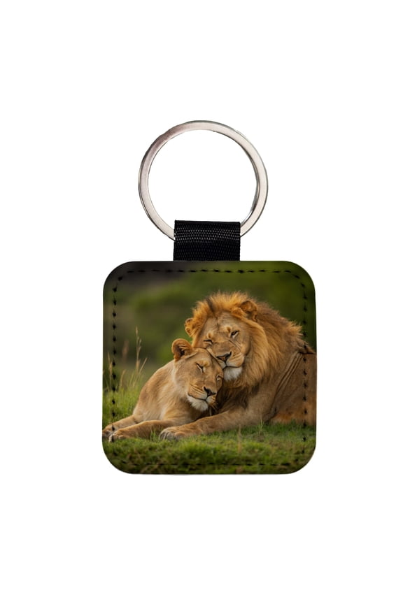 Lions Hugging Love Faux Leather Square Keychain