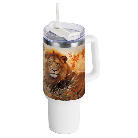 Lions and Leaves 40 oz Tumbler with Handle Insulated&nbsp;Travel Mug&nbsp;Lid Straw Leak Proof Steel Vacuum Water Bottles Glasses Fits in Car Cup Holder