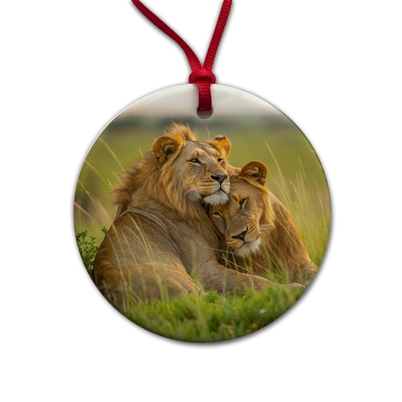 Lions Love Affection Christmas Tree Holiday Round Ceramic Ornament