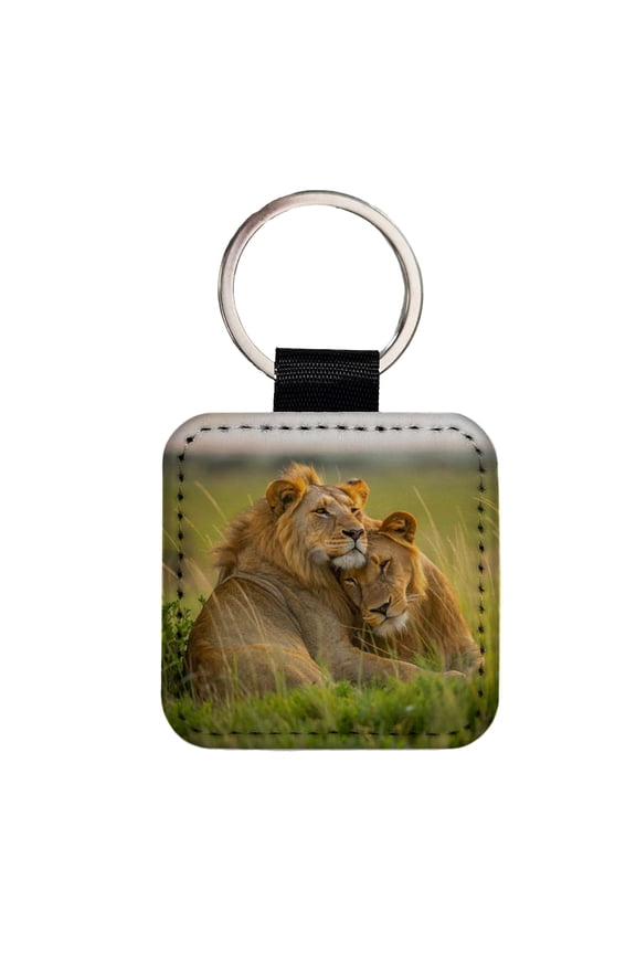 Lions Love Affection Faux Leather Square Keychain