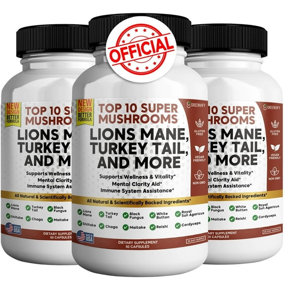 Lions Mane 10 Super Mushrooms Supplement - Lions Mane, Reishi, Cordyceps, Shiitake Extracts - 60 Capsules (3)