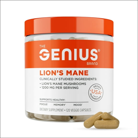 The Genius Brand Genius Lion's Mane - Plant-Based Supplement for Memory, Focus & Mood Support - Organic & Non-GMO - 120 Veggie Capsules