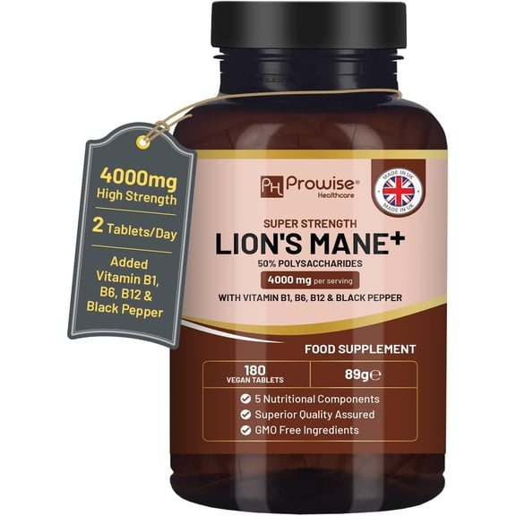 Lions Mane Mushroom Supplement 4000mg with Vitamin B1, B6, B12 & Black Pepper - 180 Tablets